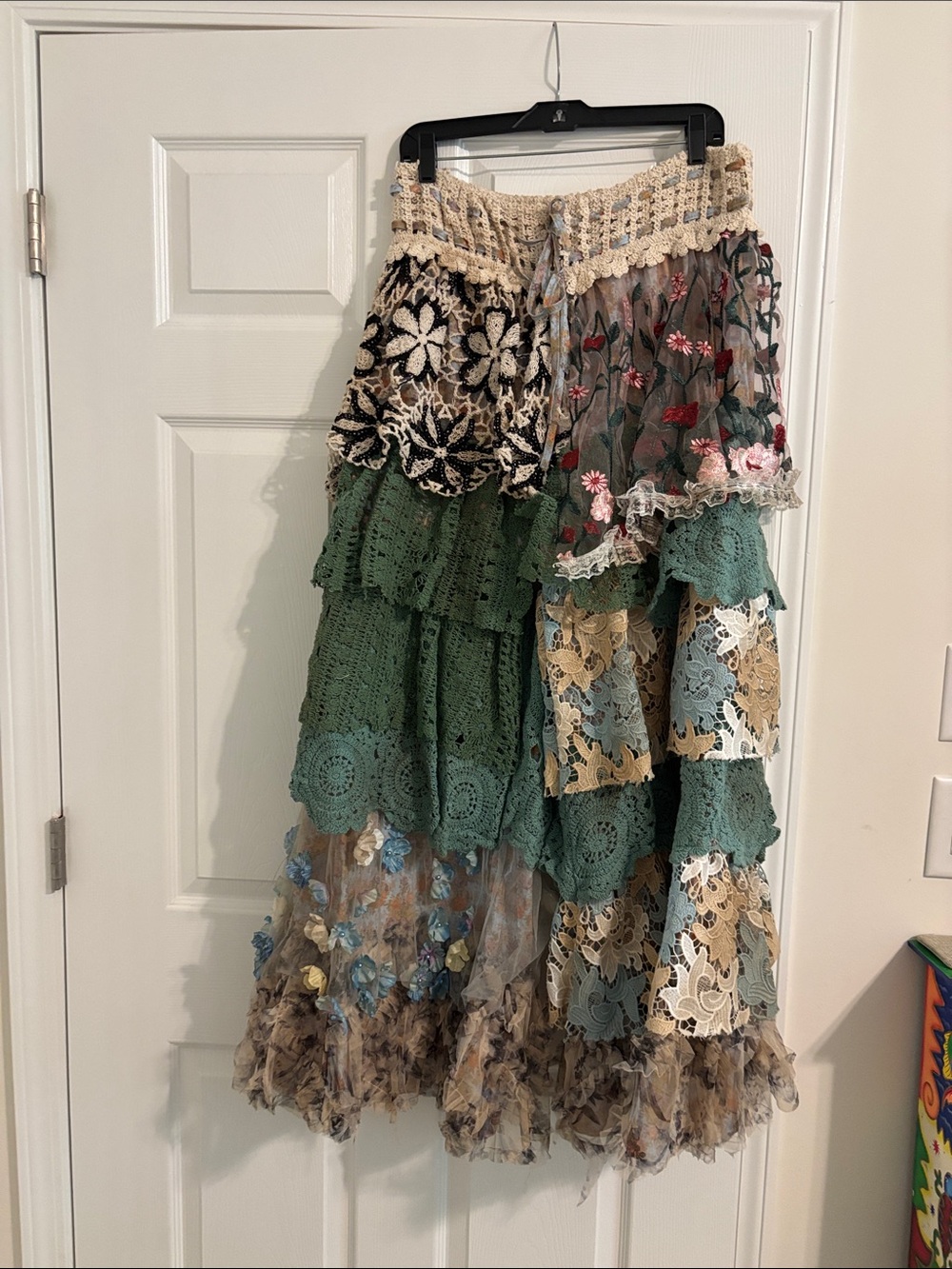 Boho Tiered Lace Patchwork Pants in Green and Cream - Picture 2 of 8